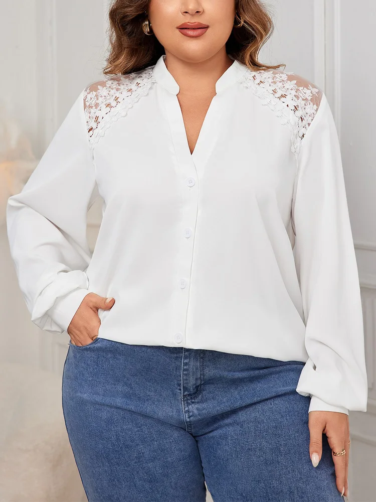 

GIBSIE Plus Size Notched Neck Contrast Lace Mesh White Shirt Women Autumn New Lantern Sleeve Office Casual Button Up Shirts Tops