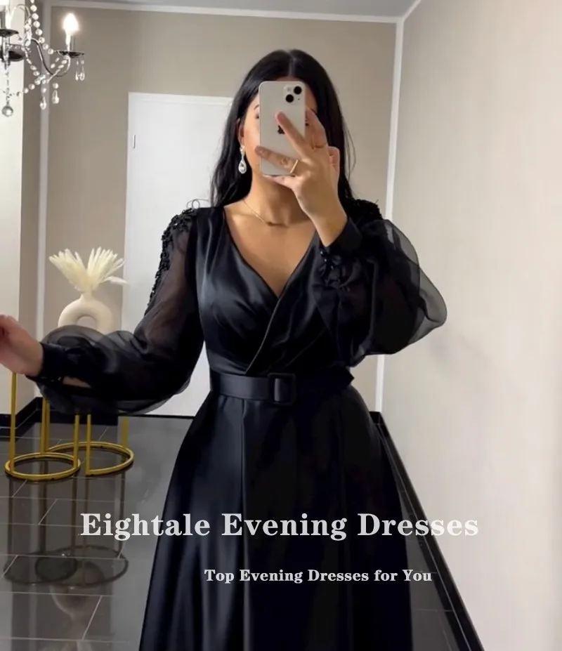 Eightale Black Evening Dresses Customized V-Neck Long Sleeves Satin A-Line Prom Gown Wedding Party Dress Ballkleider Robe Soirée