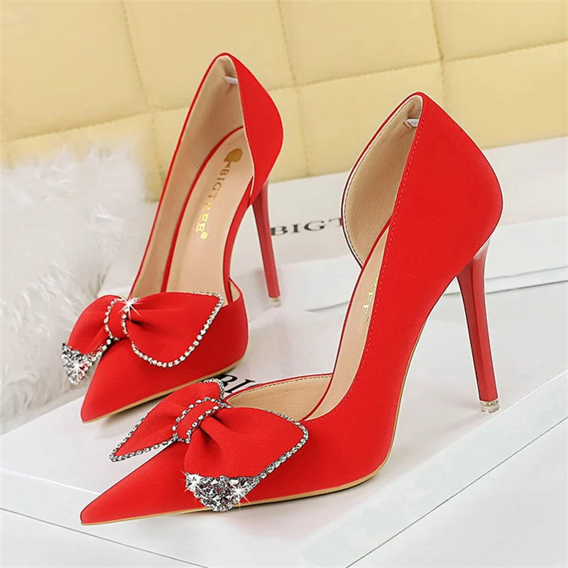 BIGTREE Night Club Stripper Fashion Women Woman Pumps Red Elegant Woman Heeled Sexy Light Pointed toe Diamond Bow Single Shoes