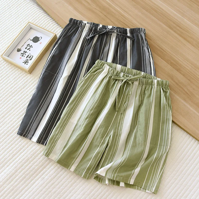 Summer Simple Striped plaid sleep shorts men and women Couple 100% cotton casual pajamas short pants sleep bottoms