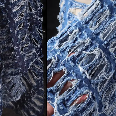 Deep Blue Tattered Hollow Denim Fabric for Diy Sewing Vintage Outerwear Bag Clothing Designer Fashion Cloth Cotton Material