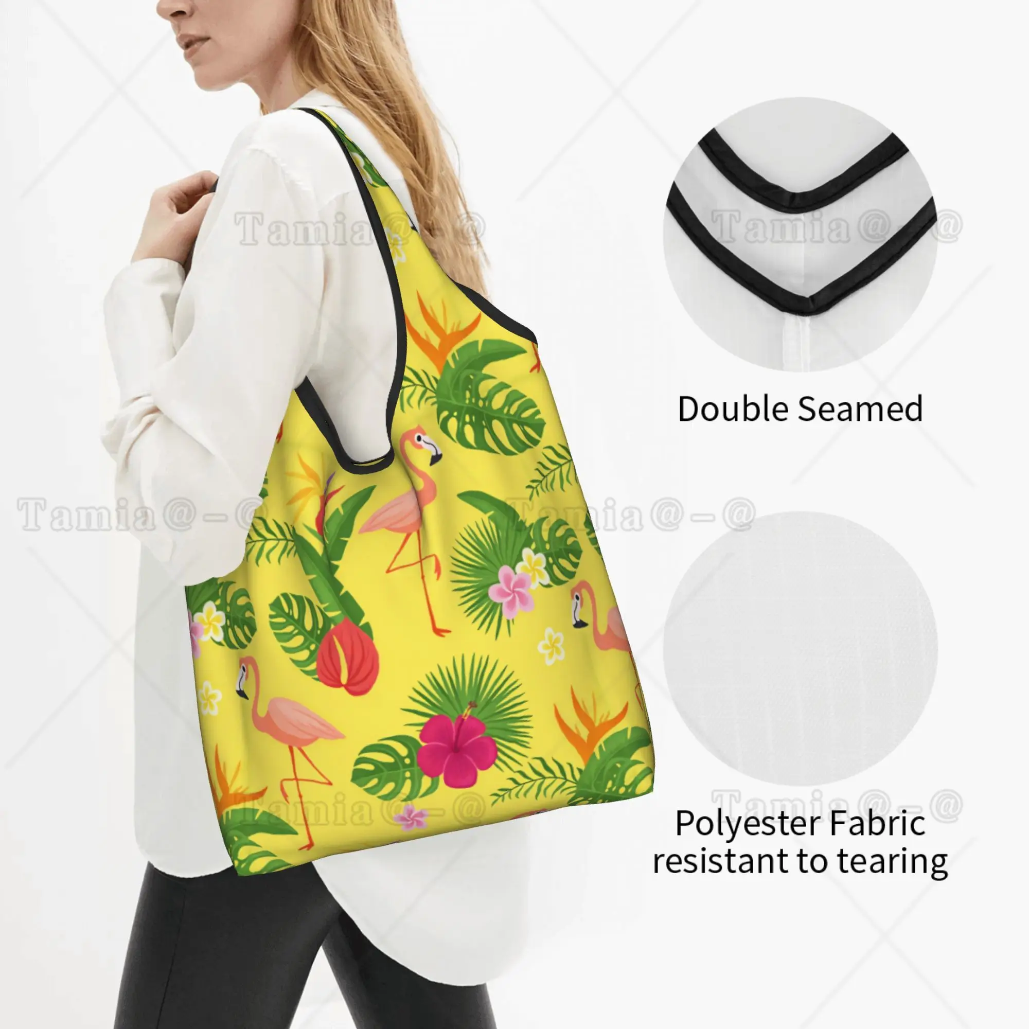 Flamingo Tropical Plants And Flowers Groceries Shopping Bag Kawaii  Shoulder Tote Bag Hawaiian Style Palm Monstera Handbag
