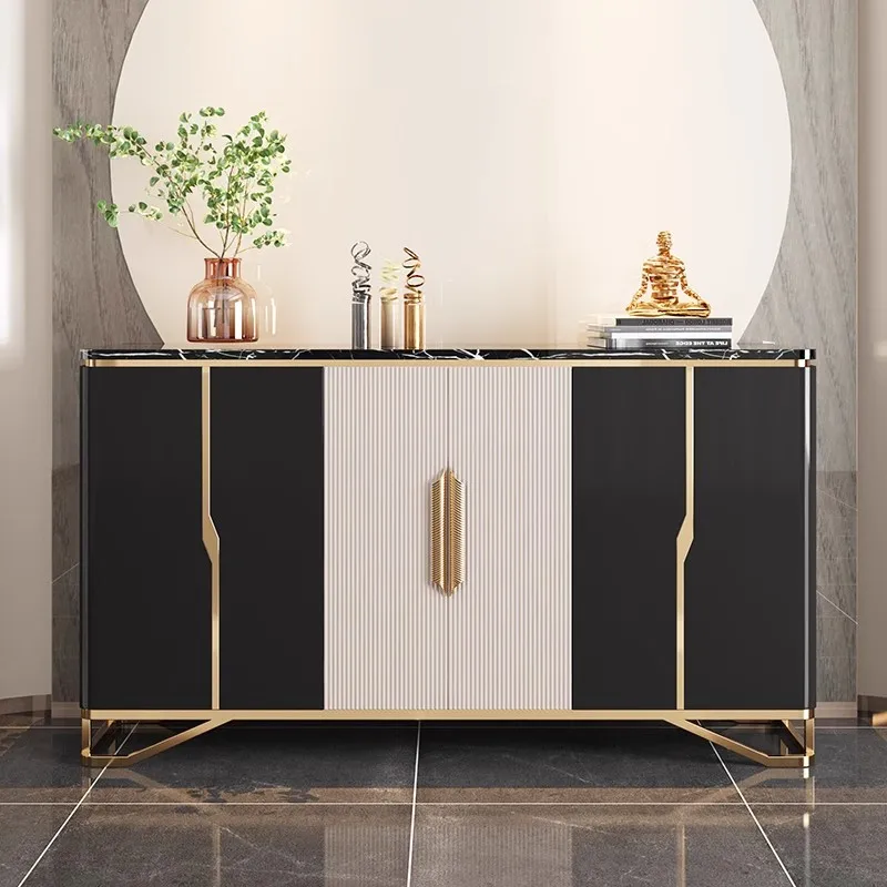 

!@Modern Luxury Buffet Sideboard Handmade White Wood Cabinet with Gold Stainless Steel Accents & Marble Top for Dining/Living Ro