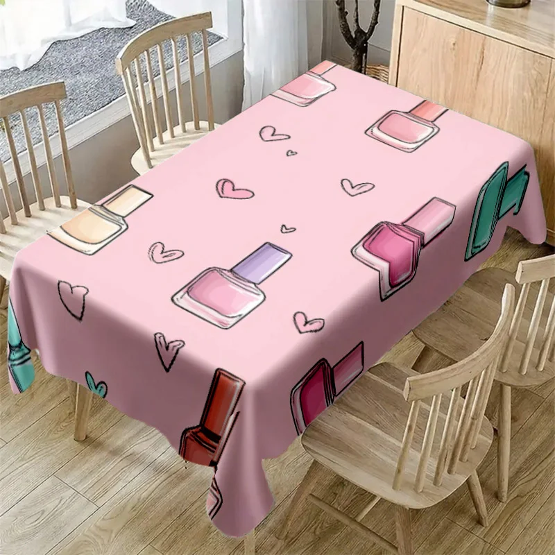 Pink Nail Polish Tablecloth, Cute Nail Bottle Heart Print Waterproof Rectangular Table Cover, Washable for Girl Room Decor