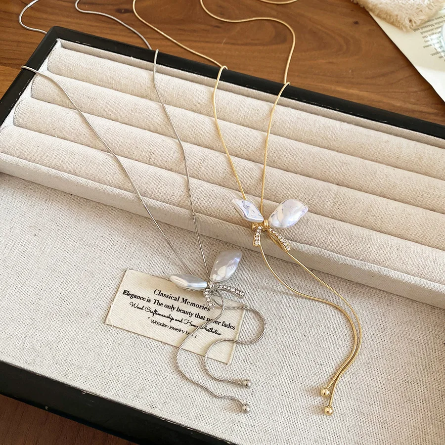 Fashion Imitation Pearl Bowknot Drawstring Long Necklace for Women Geometric Sweater Chain Choker Party Jewelry Accessories