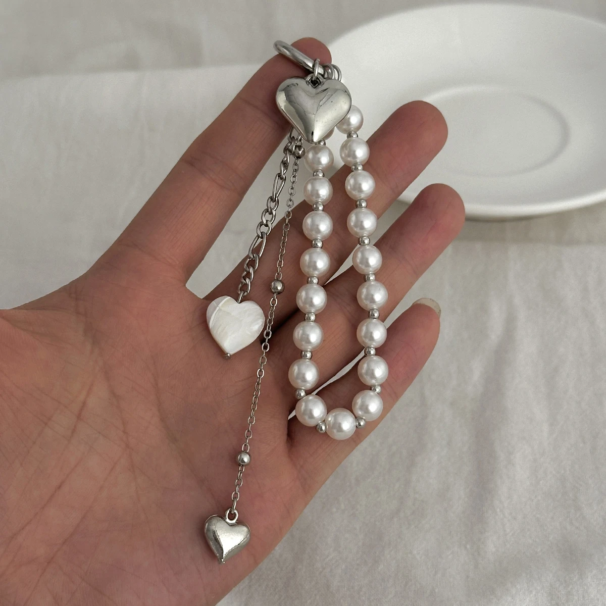 SHIXIN Y2K Fashion Imitation Pearl Love Heart  Acrylic Keychain Women's Bag Backpack Pendant Key Chain Pants Chain Accessories