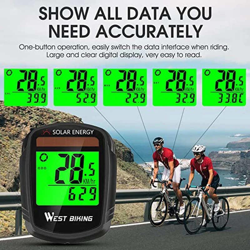 WEST BIKING Solar Powered Bike Computer Wireless Waterproof Bicycle Speedometer Odometer Automatic Wake-up Bicycle Computer