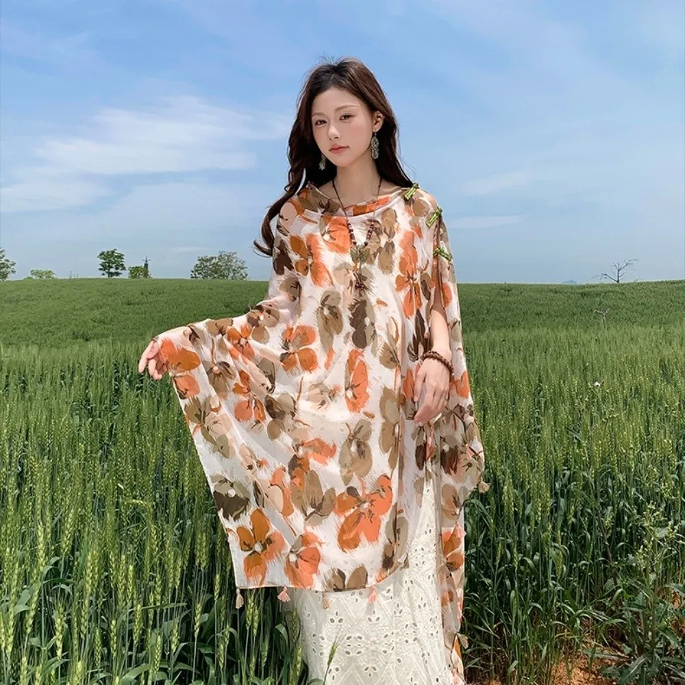 

Elegant Knot Button Sunscreen Scarf Shawl Paisley Tassels Cardigan Cape Flower Thin National Style Cloak Outdoor