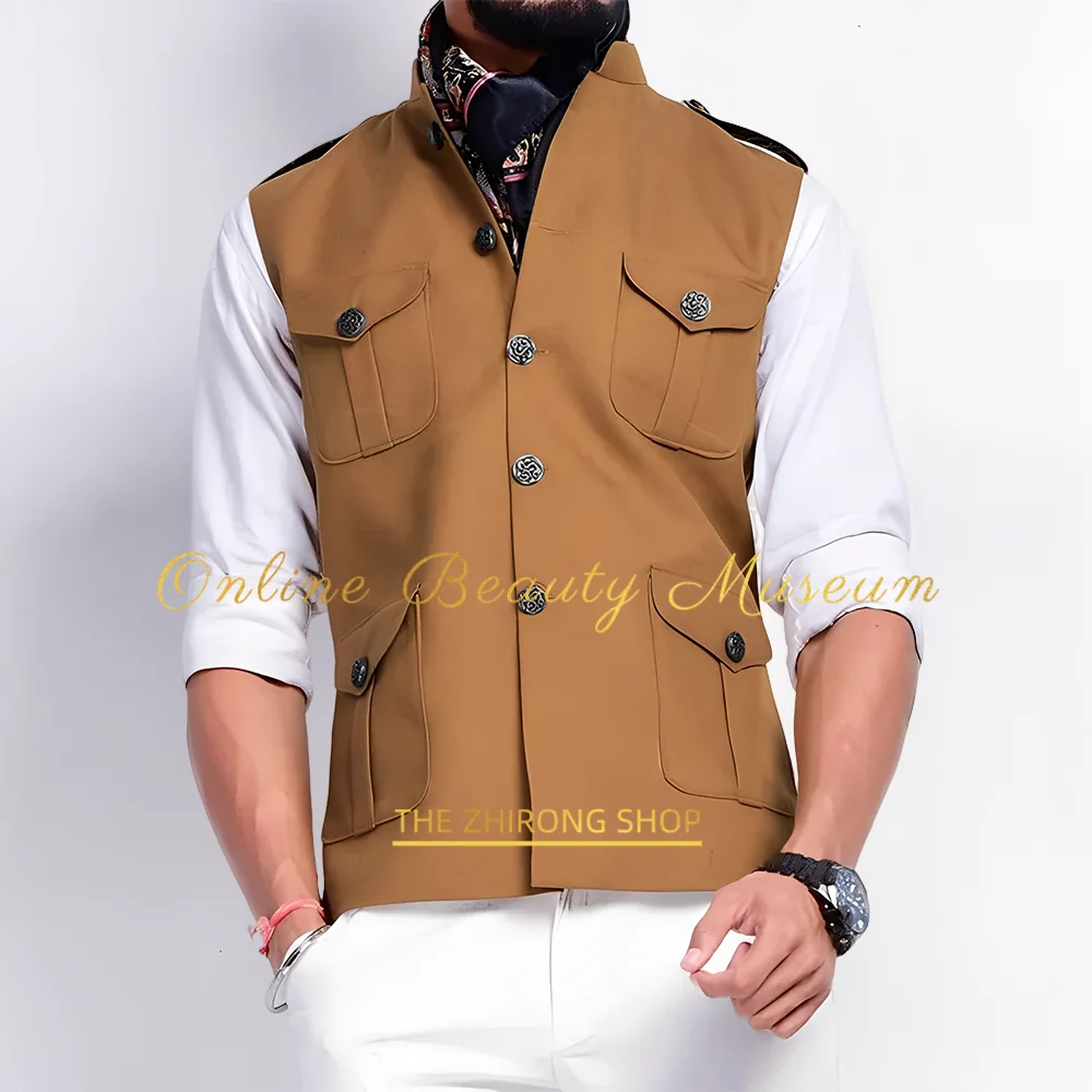 

Men's Khaki Brown Lightweight Sleeveless Jacket With Four Pocket Premium Textured Fabric Blazer for Office Daily Events