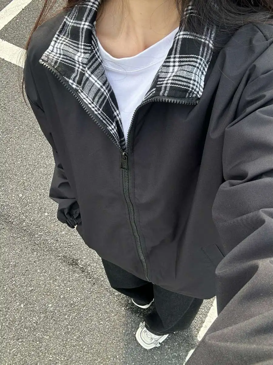 Retro American Plaid Patchwork Baseball Sle Men's Jaet Loose Fit Zipper Decorated Bamboo Fiber Youth Sports Outerwear