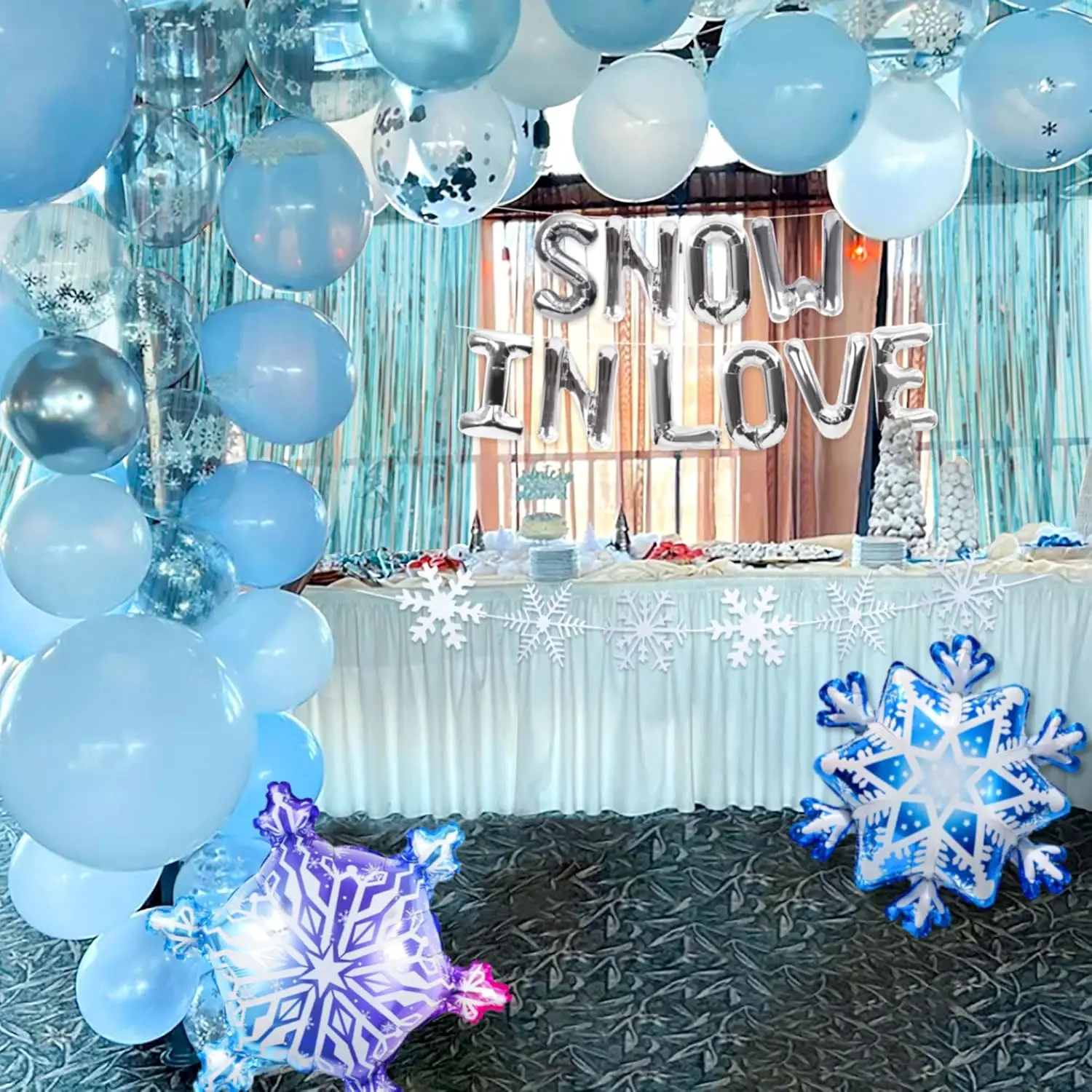 LaVenty Snow In Love Bruidsdouche Decoratie Winter Bruidsdouche Decoraties Sneeuwvlok Ballonnen Zilveren Slinger Met Sneeuwvlokken