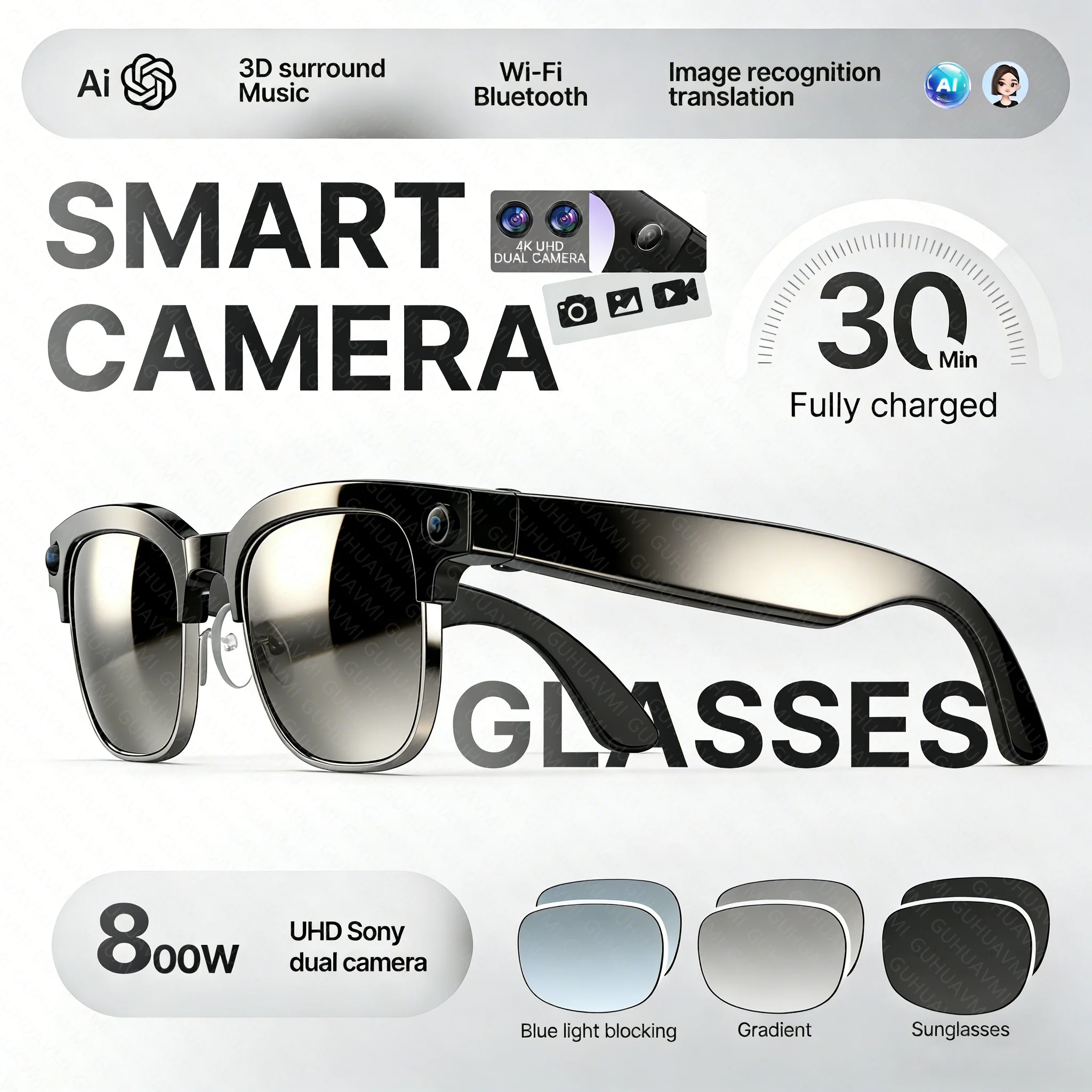 

2026 New Women 800W Camera Smart Glasses 4K UHD EIS Anti Shake Video Photo AI Translation Chat GPT WiFi Bluetooth Men Sunglasses