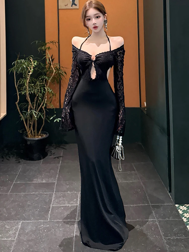 Vestido coreano Vintage Hepburn para mujer, vestido Sexy con espalda descubierta y encaje de retales negros para otoño e invierno, vestido elegante ajustado de lujo para graduación 2025