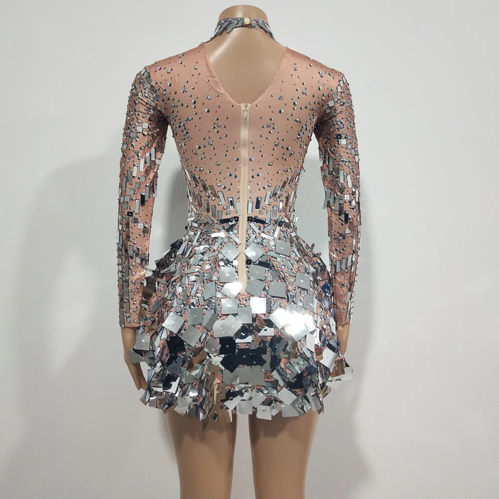 Sexy Bar Stage Performance Silver Sequins Rhinestones Bodysuit Mini Dress Women Dance Team Costume Party Show Festival Clothing