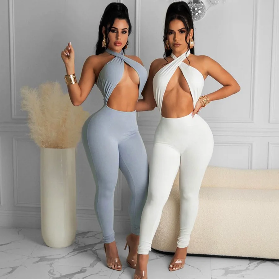 Women Jumpsuit Halter Sleeveless Hollow Out Backless Solid Color Bodycon Tight Hip Lifting Summer Bodysuit  Rompers