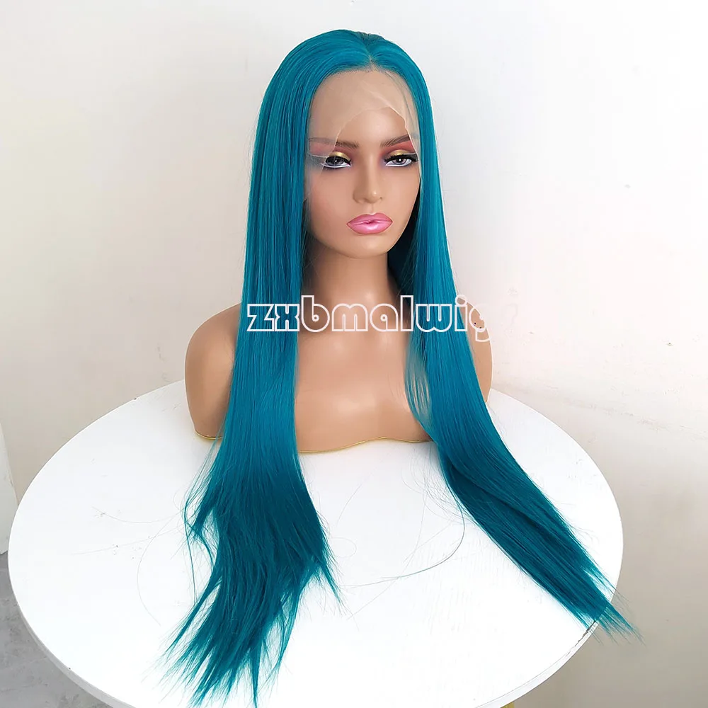 ZXBMALWIGS Synthetic Hair Straight Blue 26Inches Transparent Lace Front Wigs for Black Women Glueless Cosplay