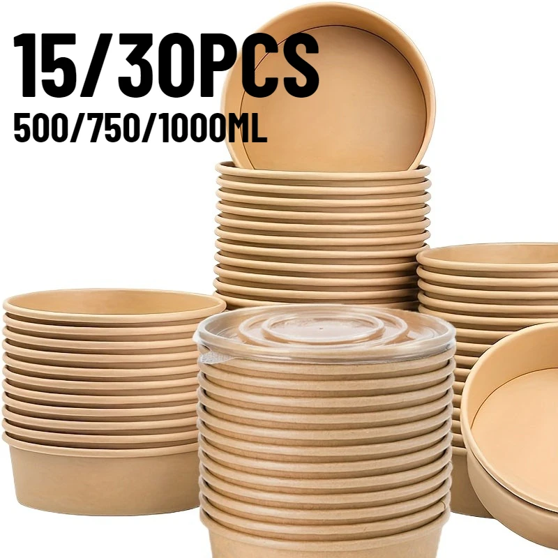 Bols en papier Kraft jetables avec couvercle, 15/30 pièces, pour salade, légumes, soupe, cuisine, Restaurant, fête, fournitures de stockage de collations