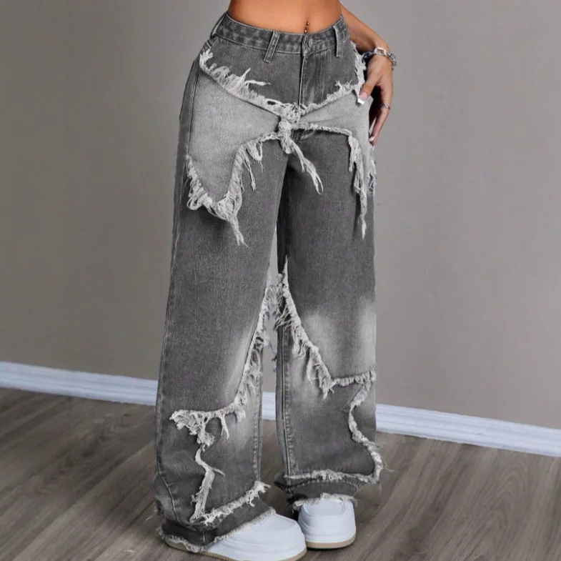 Star Patchwork Frayed Jeans Women Washed Straight High Waist Loose Fit Floor-Length Denim Pants Vintage Streetwear Cozy Trousers