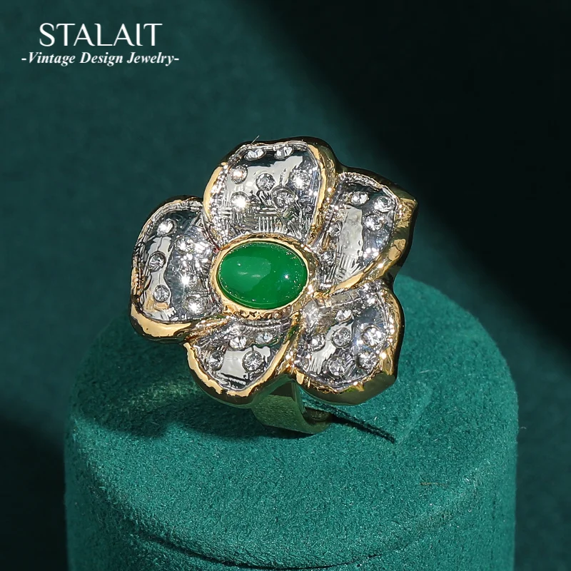 

Vintage Silver Color Flower Rings Green Agate Glass Rhinestone Paryty Luxury Designer Jewelry For Women Wedding 2025 New In