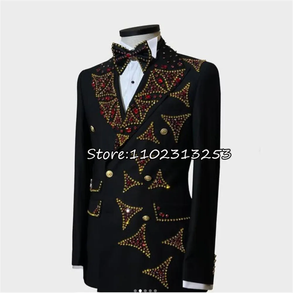 Ternos masculinos personalizados, smoking duplo breasted, casamento, noivo, cristais, frisado, blazer de baile, 2 peças, vestido de negócios, traje homme