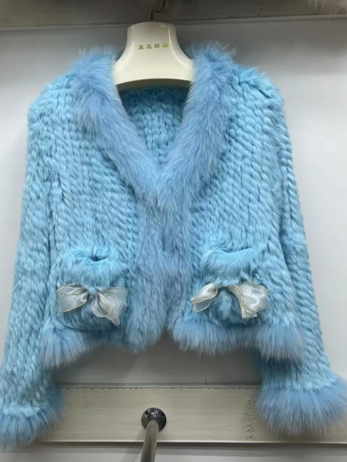 Ladies New Fashion Bow Splicing Faux Rabbit Fur Jackets Women's Autumn Winter Long Sleeve Weave Double-sided Chic Fox Fur Jacket