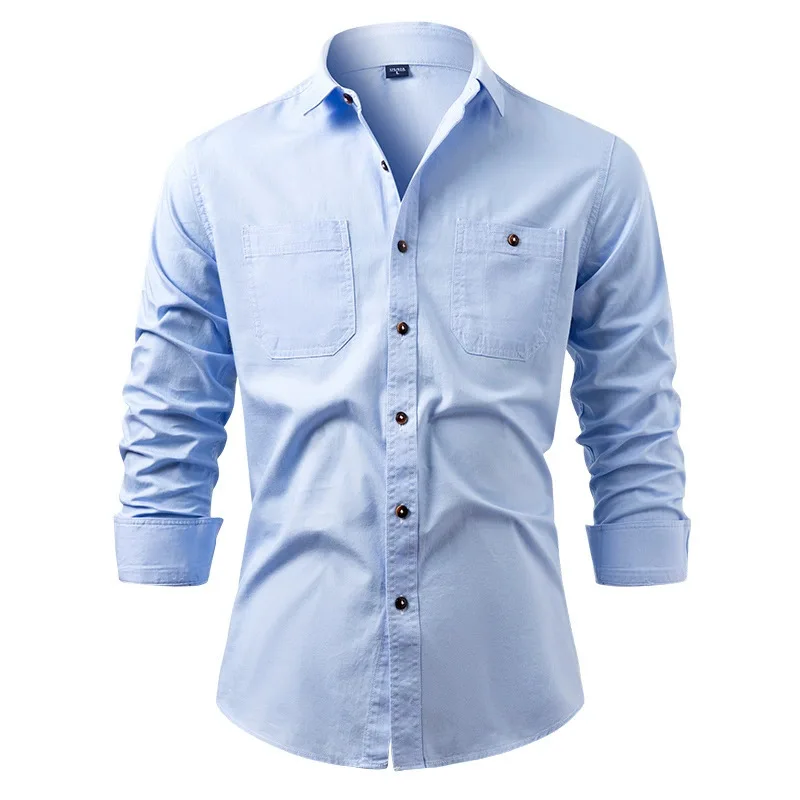 

Men's Fashion American Retro Denim Shirt Solid Color Long Sleeve Jean Shirts Cotton Turn Down Collar Classic Style Denim Blouse