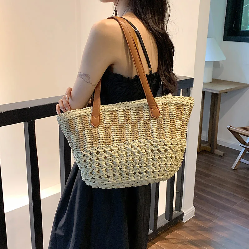 

Fashionable Vintage Handbag Bohemian Straw Bag for Women Summer Travel Shoulder Bags Large Capacity Beach Rattan Shopping Basket