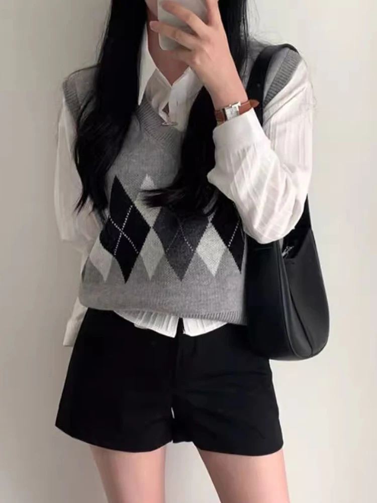 Chique V-Ne gebreid truivest Zacht Gezellig Herfst Nieuw Sle Dames Faion Layering College Sle Diamond Patroon Lang Sve