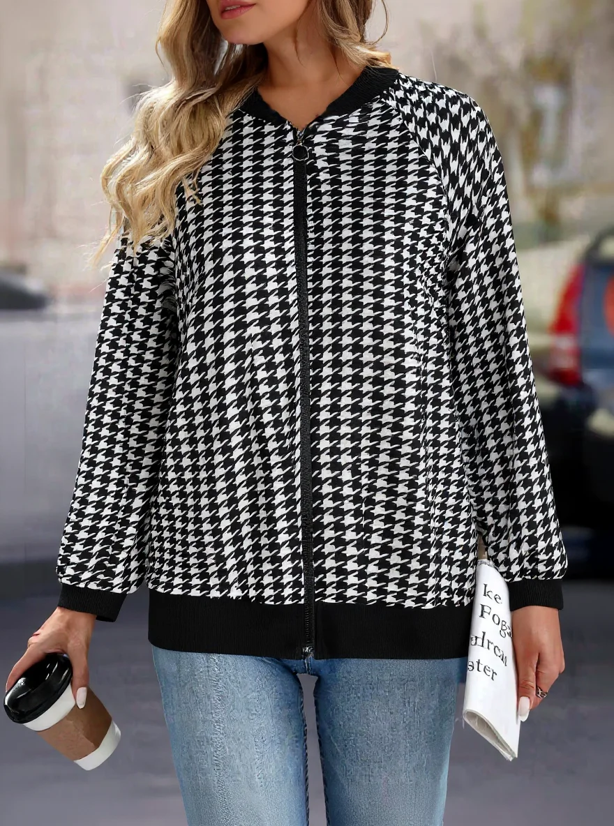 Women`s Bomber Jacket Houndstooth Print Streetwear Fall Zip Front Stand Collar Long Sleeve Casual Outerwear Coat S‑XXL Full Size