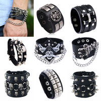 Diverse Styles Skull Skeleton Chain Spikes Rivet Stud Wide Cuff PU Leather Punk Gothic Rock Unisex Bracelet Men Jewelry Bracelet