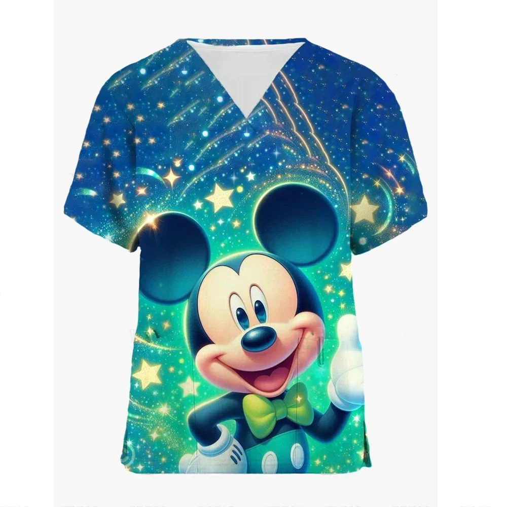 Disney Scrub Tops For Women Mickey Mouse Cartoon Spa Uniform Medical Uniforms Beauty Pet Shop Nurse Uniform V Neck Tunic Pocket