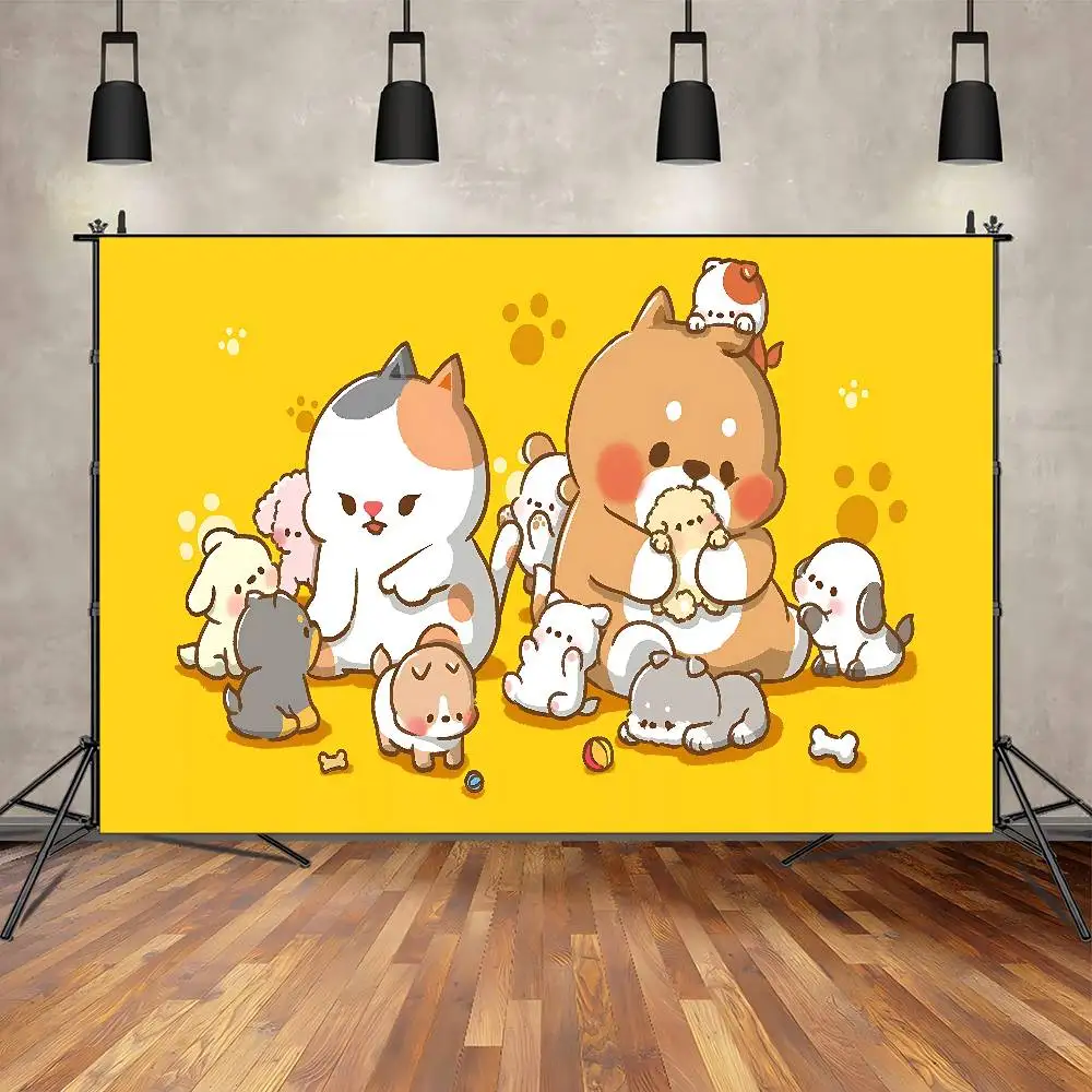 لطيف الكلب نمط الرسوم المتحركة عيد ميلاد سعيد خلفية خلفية الفينيل المرأة حفلة عيد ميلاد كعكة الجدول الزينة