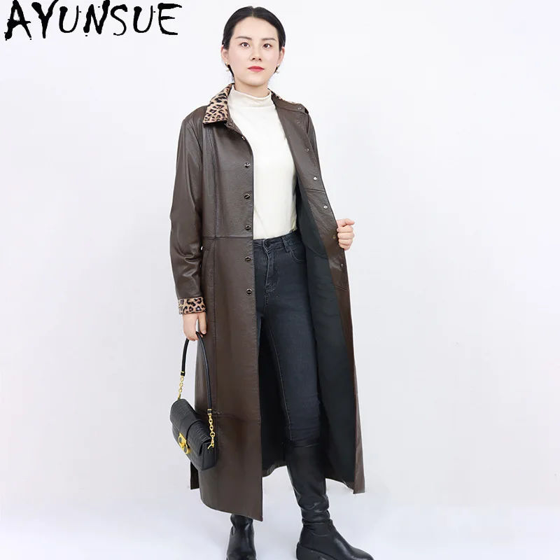 AYUNSUE リアルレザージャケット女性トップ層シープスキンレディースコート 2025 秋の女性の服ロングトレンチコート Jaqueta デ Couro