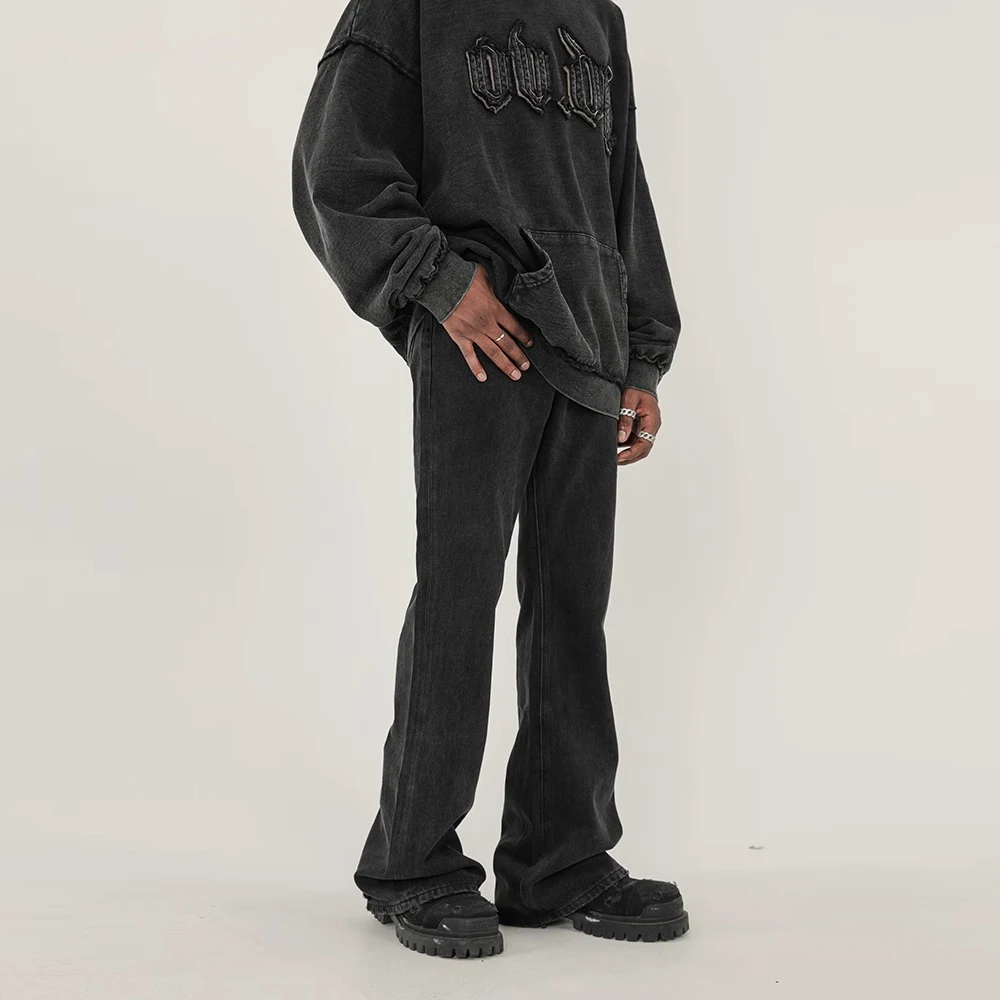 American RO Black Washed Frayed Flared Jean High Street Trend Personality Vintage Slim Fit Flare Denim Pants Cleanfit Distressed