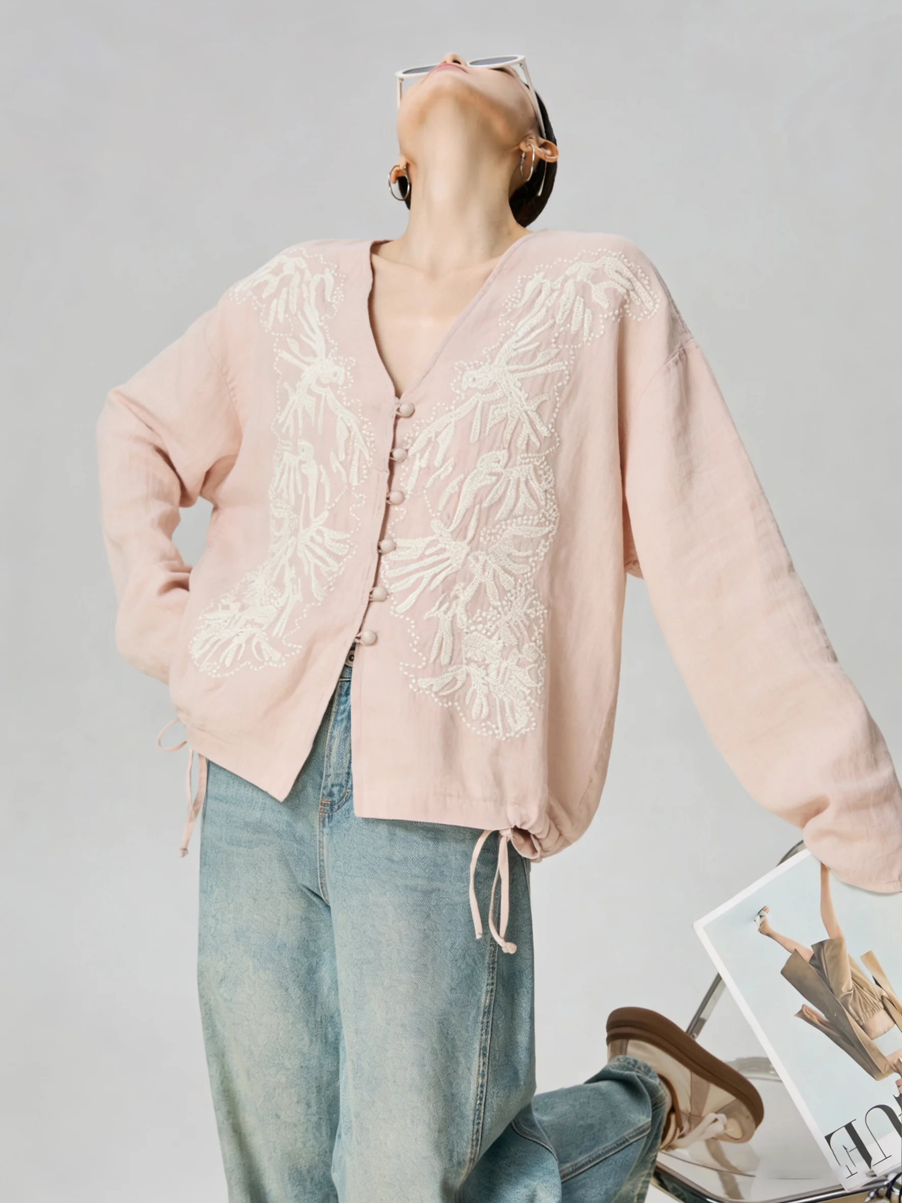 

Pink V-Ne Embroidered Dstring Open Cardigan Women's Sle 2026 New Spring irt Casual Loose Fit Long Sve Casual Faion