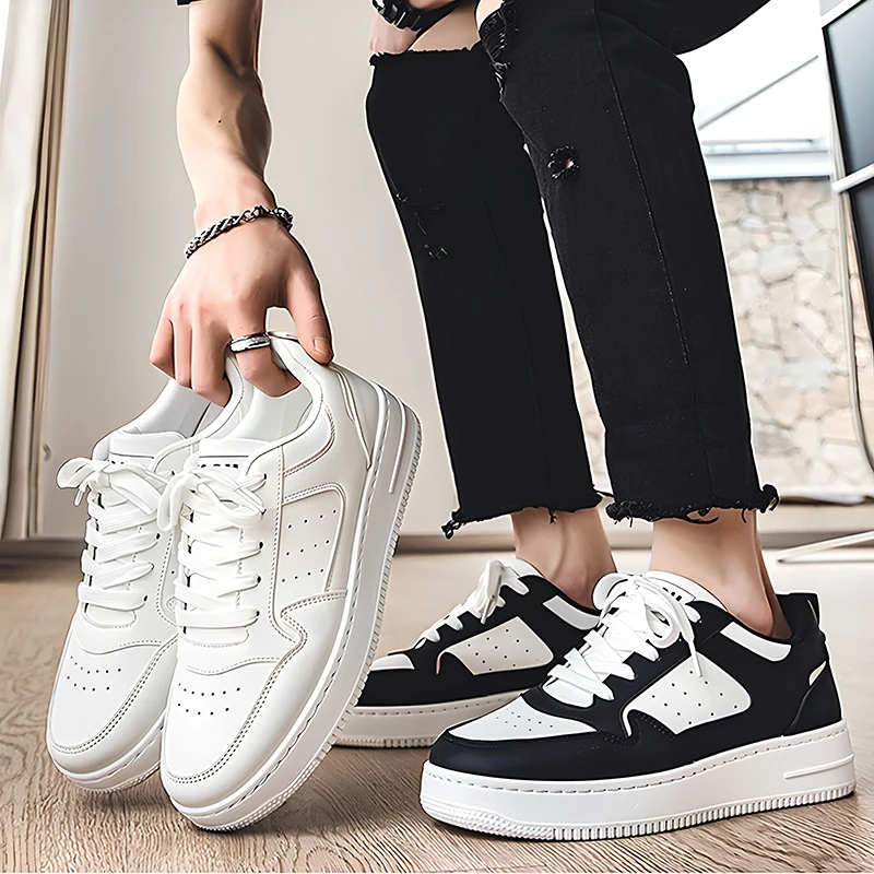 

Mens White Sneakers Breathable Korean Style Fashion Casual Shoes Thick Sole Lace Up Athletic Trainers for Students Daily Wear