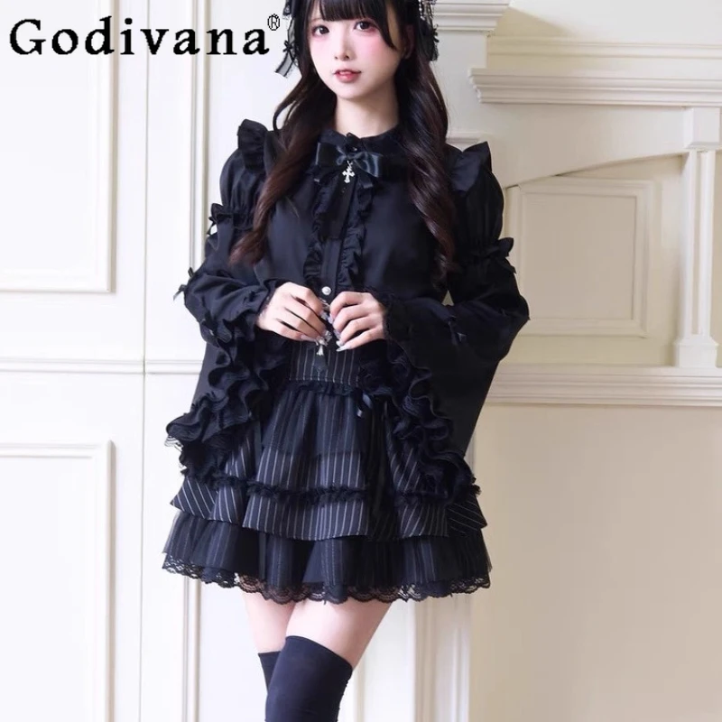 قميص لوليتا قوطي منتج كبير للنساء على الطراز الياباني بلوزات دانتيل يومية بأكمام طويلة قميص حلو