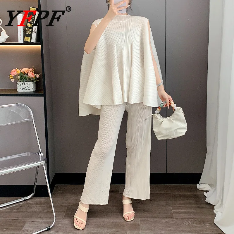 

YFPF 2025 Fashion Miyake Pleated Set For Women Sleeveless Loose Pullover Tops + Long Pants Solid Color Clothing Casual Sets