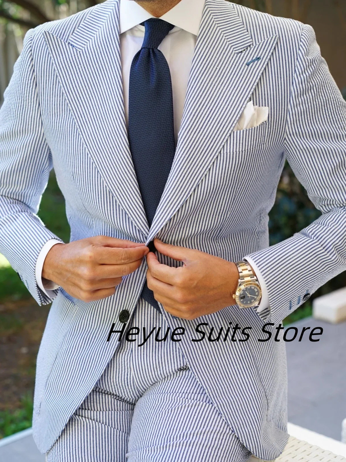 Casual Handsome Stripe Male Prom Blazers Customized Peak Lapel Slim Man Tuxedos High-qublity 2 Pieces Sets Elegant Costume Homme