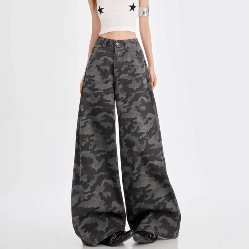 Nova alta rua senhora calças de cintura alta feminino retro camuflagem calças largas perna meninas chique designer calças largas
