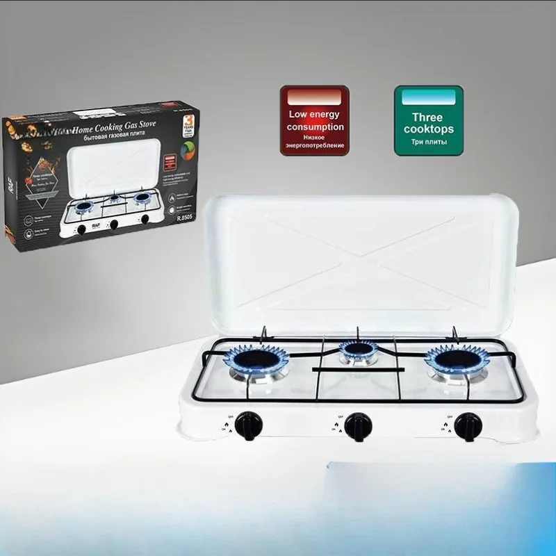 European Style 3 Burner Gas Stove, Manual Ignition Simple Gas Cooktop Portable Multi-head Gas Cooking Range for Export