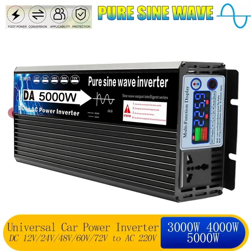 3000W-5000W Pure Sine Wave Power Inverter DC 24V 12V to AC220V Universal Off Grid Power Converter Multi-Function Digital Display