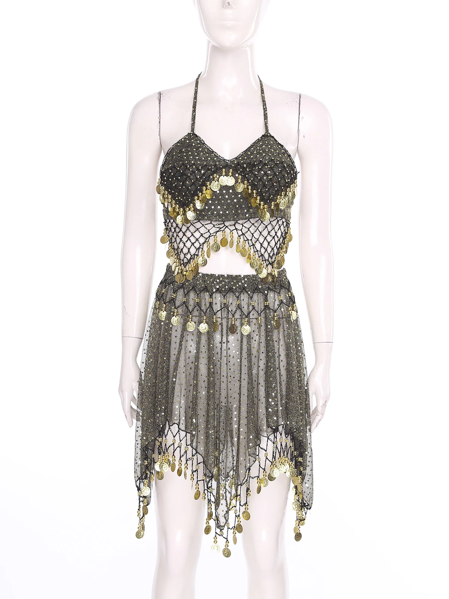 Womens Sequined Belly Outfits Crisp Sound Maker Tassel Sheer Mesh Lace-up Crop Top And Irregular Hem Skirt for Dancewear