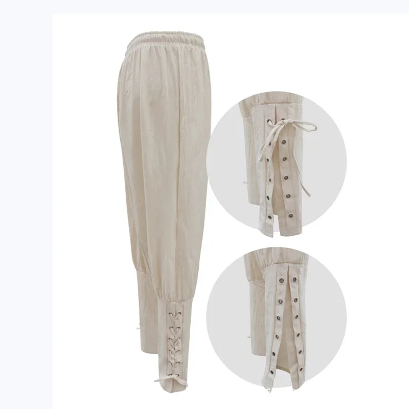 زي القراصنة من عصر النهضة في العصور الوسطى للرجال والنساء ، فارس القرع ، فارس ، بنطلون فايكنغ ، بنطلون برباط برباط للكاحل ، ملابس كتان