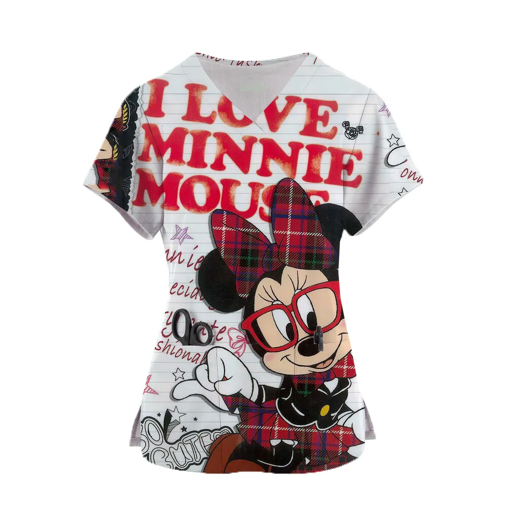 Women Nurse Uniform Cartoon Mickey Mouse Print Pocket V-Neck Nursing Scrubs Tops Workwear Clothes Overalls Medical Uniforms ﻿