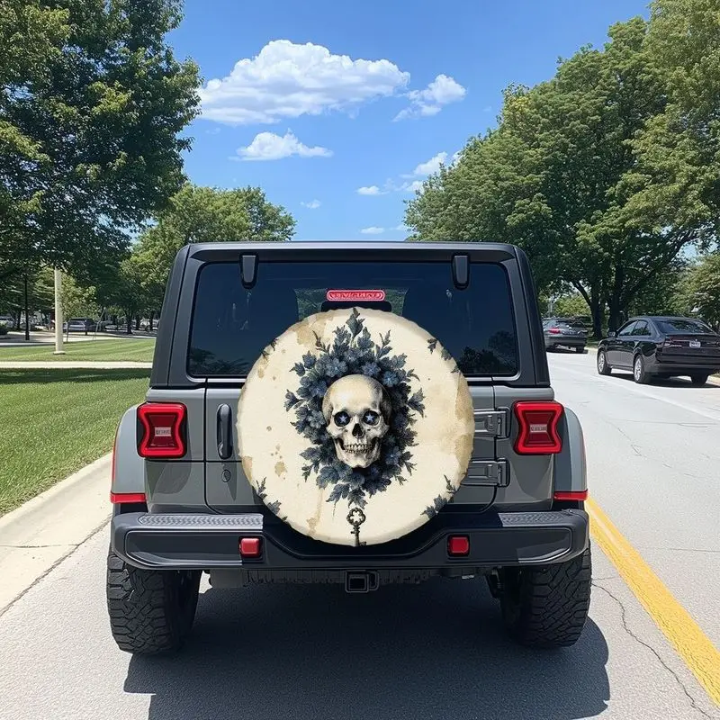 

Чехол для запасного колеса из полиэстера с синим рисунком черепа и венка, подходящий для внедорожников и седанов. Витрины в винтажном готическом стиле; U