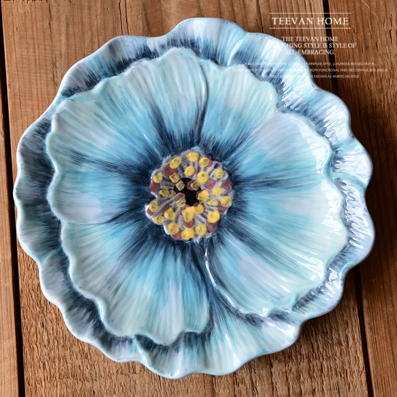 Blue Flower Ceramic Rice Bowl Dinner Plate Tableware Fruit Salad Plates Noodles Bowls Dining Table Kitchen Dinnerware