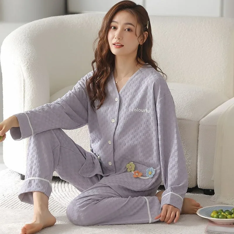 2024 New Women Sleepwear Spring Autumn Pure Cotton Long-Sleeved Casual V-neck Pajamas Suit Female Sweet Cardigan Homewear Suit