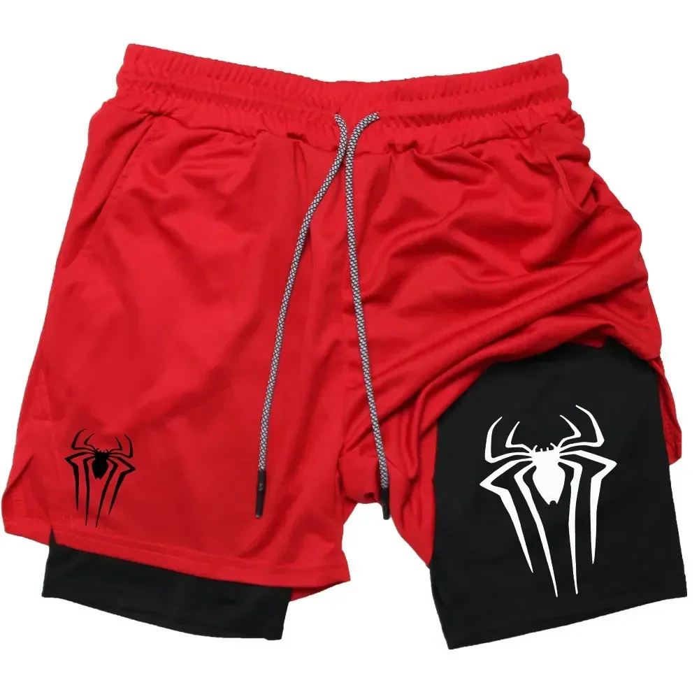 Men Spider Printed GYM Casual Sports Compression Shorts Workout Running Mesh 2 In 1 Sport Short Pants Y2K Performance Shorts