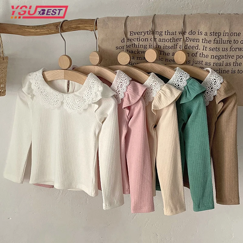 

2024 Kids Girls Shirt Spring Kids Girls Undershirt Cotton Long Sleeve Children Girls Top Lace Collar Elastic Cuff Autumn Clothes